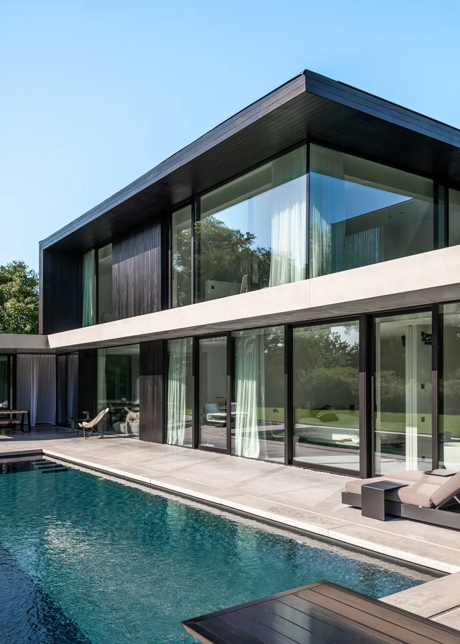 Villa met zwart volume en glazen gevel boven het zwembad